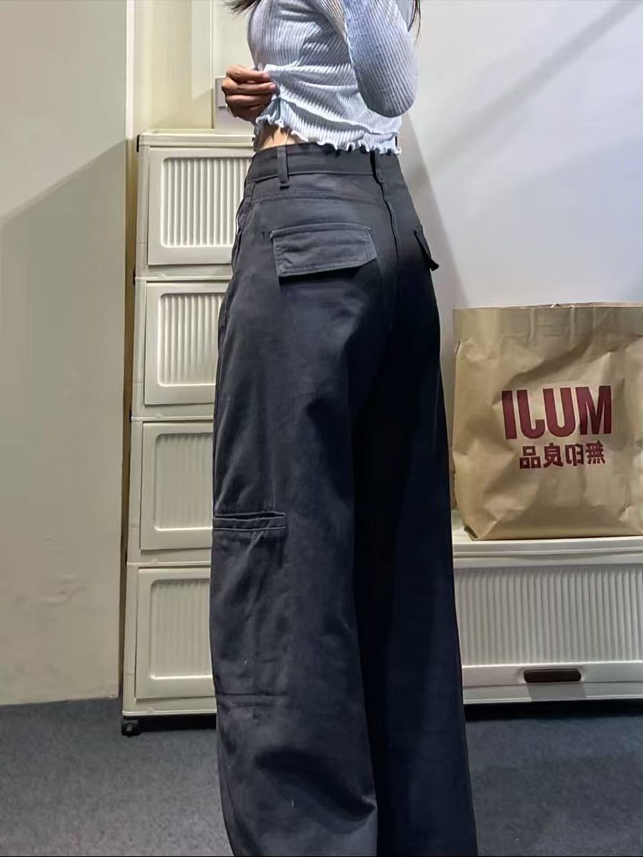 美式復古黑色休閑直筒工裝牛仔褲女春季高腰寬松遮肉闊腿拖地褲潮