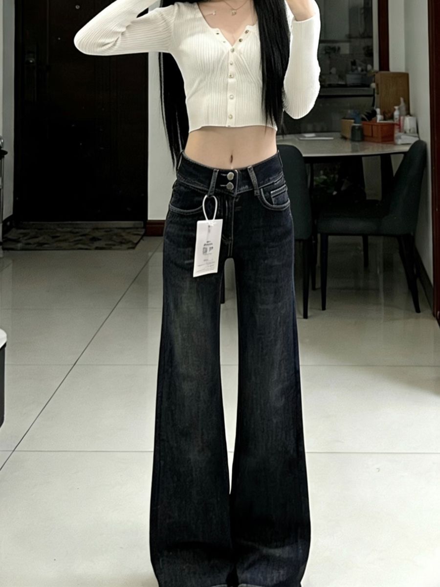 藍灰色微喇牛仔褲女小眾設計感梨形身材顯瘦復古高腰闊腿喇叭褲子