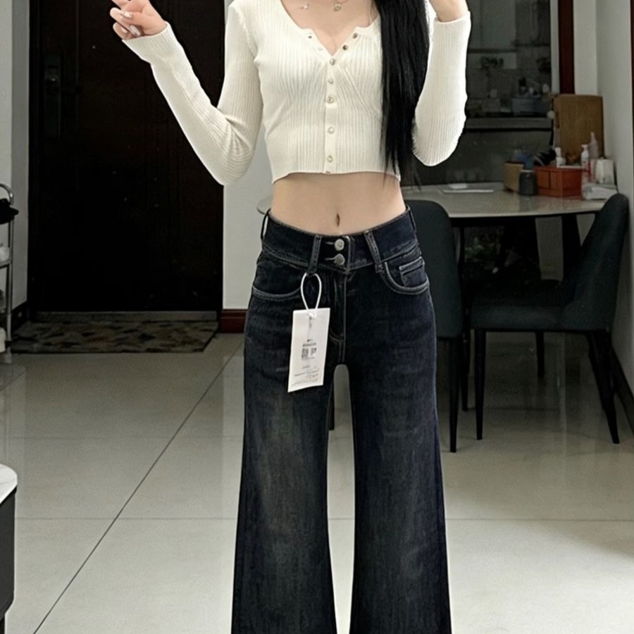 藍灰色微喇牛仔褲女小眾設計感梨形身材顯瘦復古高腰闊腿喇叭褲子