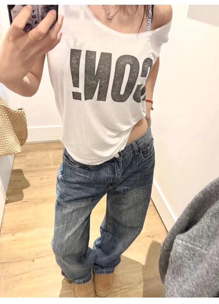 繡標水洗復古藍闊腿牛仔褲女春夏新款低腰寬松顯瘦休閑拖地直筒褲