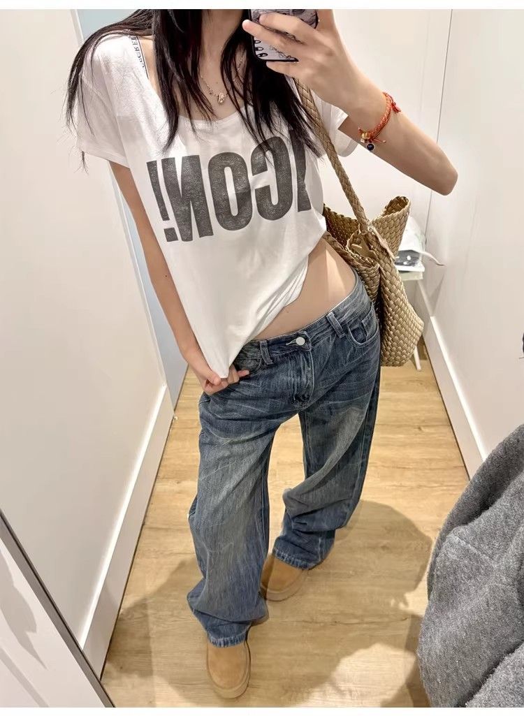 繡標水洗復古藍闊腿牛仔褲女春夏新款低腰寬松顯瘦休閑拖地直筒褲