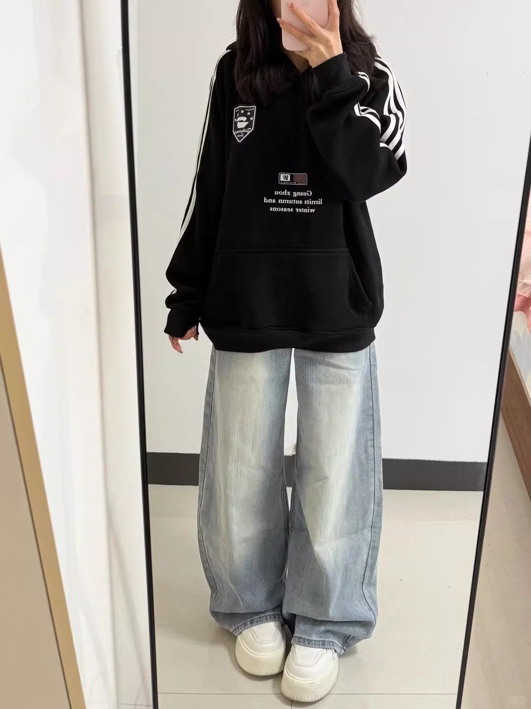 淺色美式復古竹節紋彎刀闊牛仔褲春季新款寬松高腰顯瘦直筒拖地