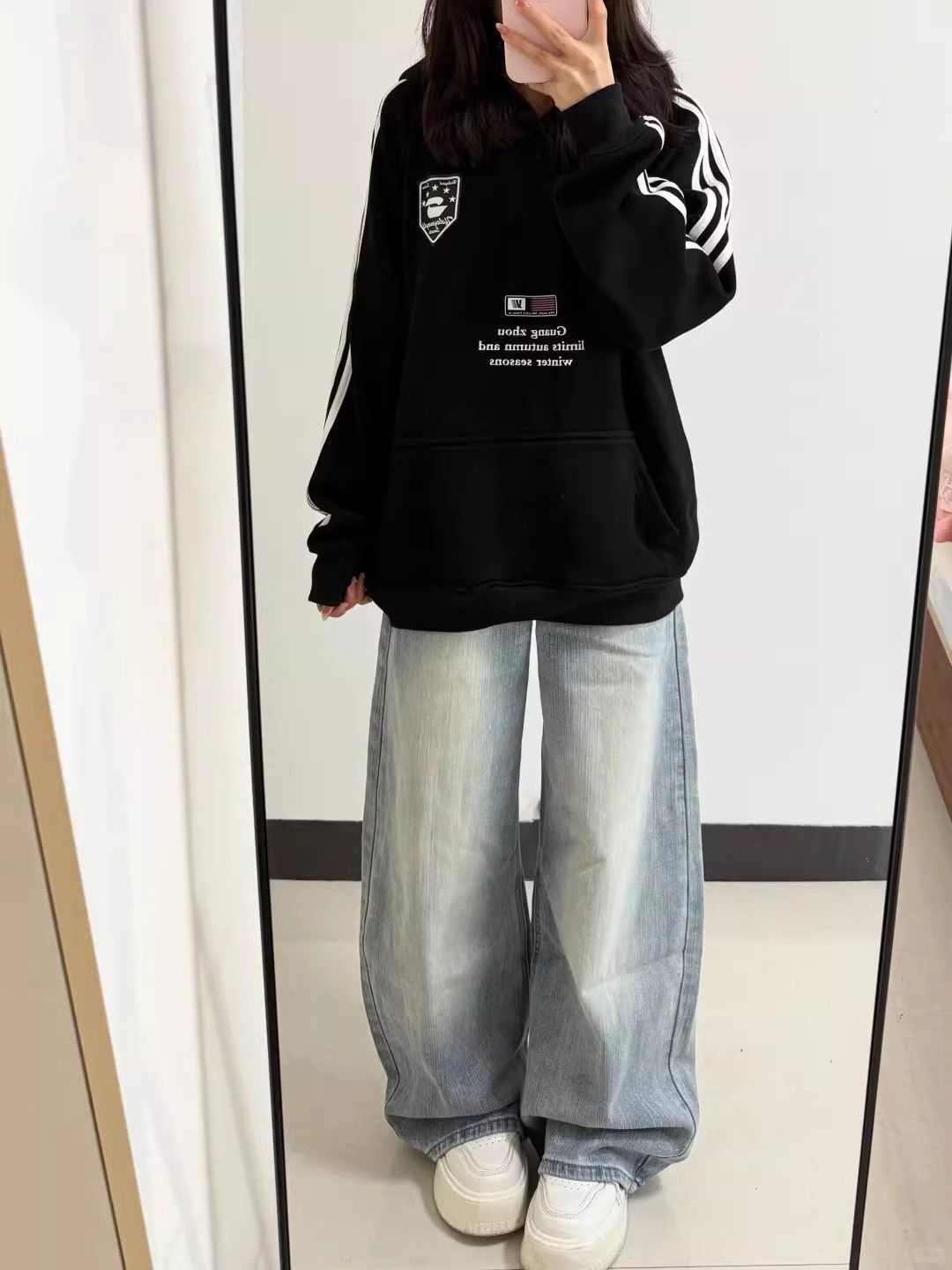 淺色美式復古竹節紋彎刀闊牛仔褲春季新款寬松高腰顯瘦直筒拖地