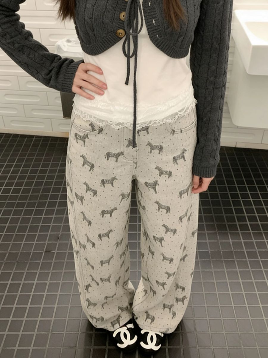 美式復古小馬波點提花闊腿牛仔褲女新款設計感高腰寬松直筒拖地褲