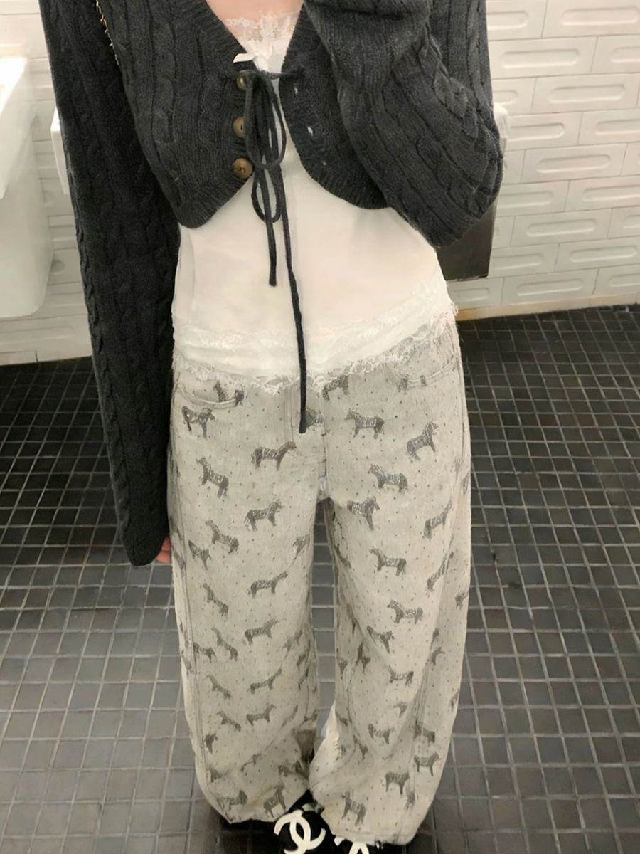 美式復古小馬波點提花闊腿牛仔褲女新款設計感高腰寬松直筒拖地褲