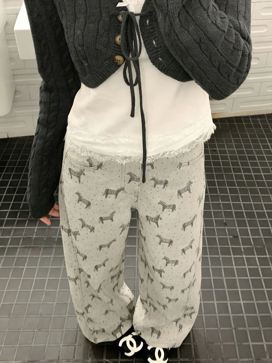 美式復古小馬波點提花闊腿牛仔褲女新款設計感高腰寬松直筒拖地褲