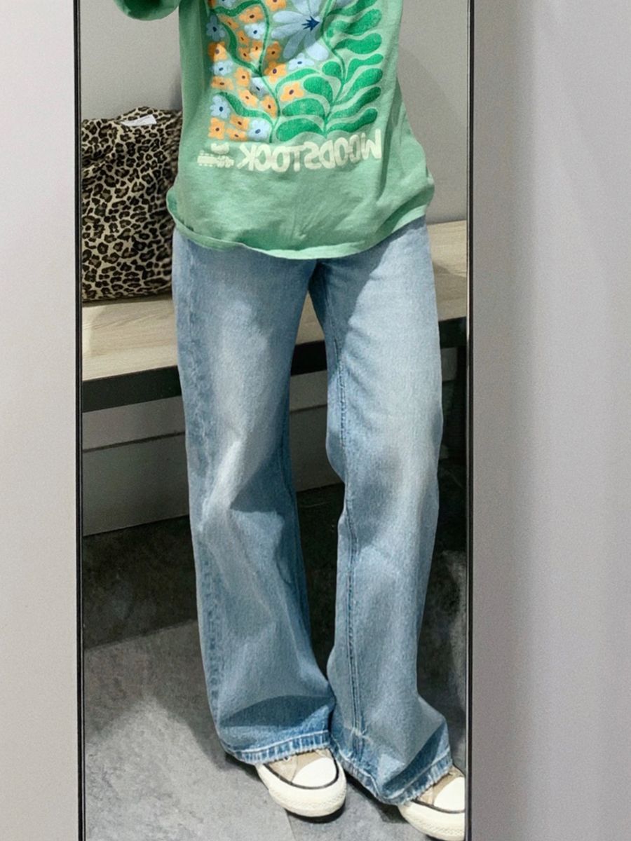藍色高腰窄版直筒牛仔褲女2026春季新款慵懶風顯瘦遮肉闊腿長褲子