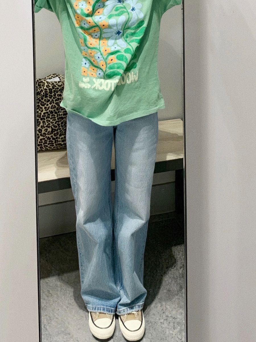 藍色高腰窄版直筒牛仔褲女2026春季新款慵懶風顯瘦遮肉闊腿長褲子