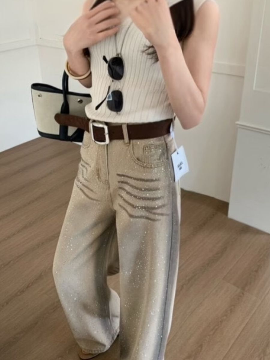 美式重工燙鉆爆閃牛仔褲女2026春季新款復古水洗做舊個性闊腿褲子