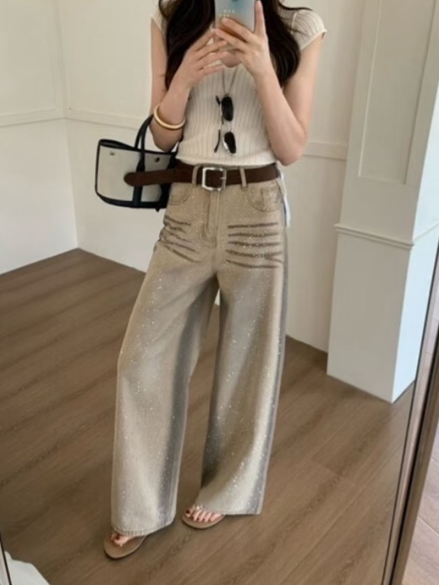 美式重工燙鉆爆閃牛仔褲女2026春季新款復古水洗做舊個性闊腿褲子