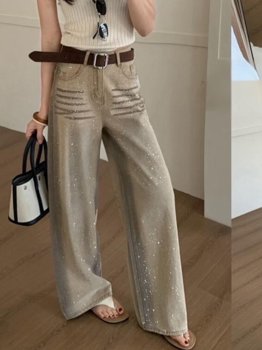 美式重工燙鉆爆閃牛仔褲女2026春季新款復古水洗做舊個性闊腿褲子