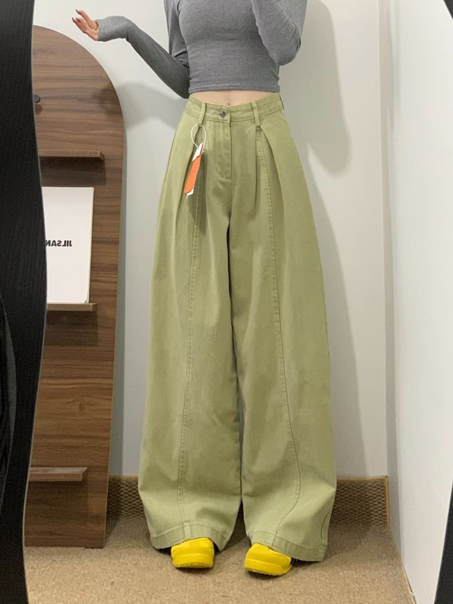 辣妹復古高腰褶皺設計感牛仔褲女春季寬松百搭闊腿牛油果綠拖地褲