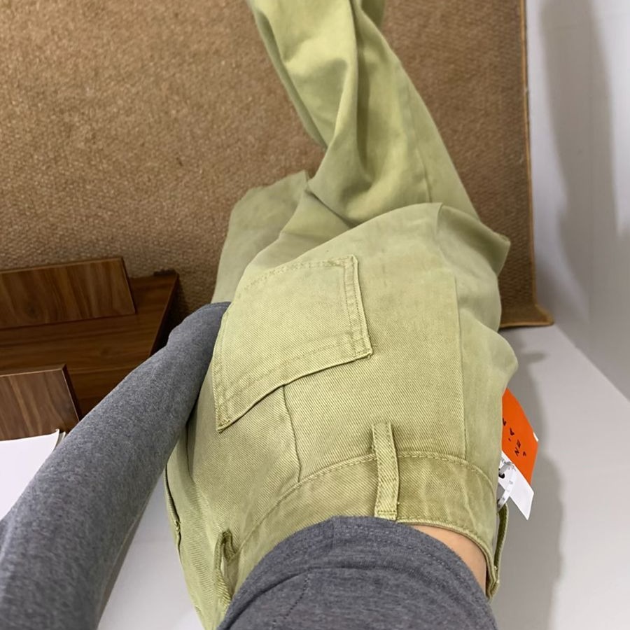 辣妹復古高腰褶皺設計感牛仔褲女春季寬松百搭闊腿牛油果綠拖地褲