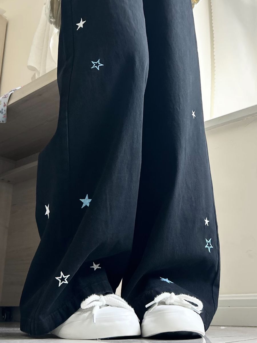 美式復古星星刺繡設計感闊腿牛仔褲女新款顯瘦百搭黑色直筒拖地褲