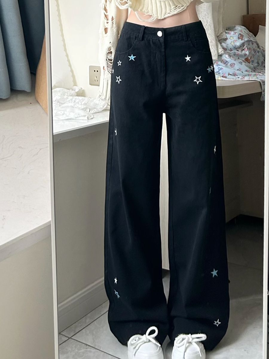 美式復古星星刺繡設計感闊腿牛仔褲女新款顯瘦百搭黑色直筒拖地褲