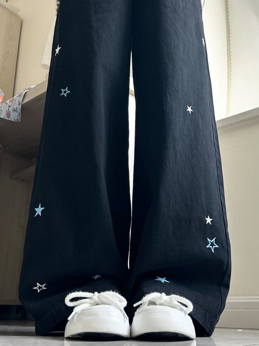 美式復古星星刺繡設計感闊腿牛仔褲女新款顯瘦百搭黑色直筒拖地褲