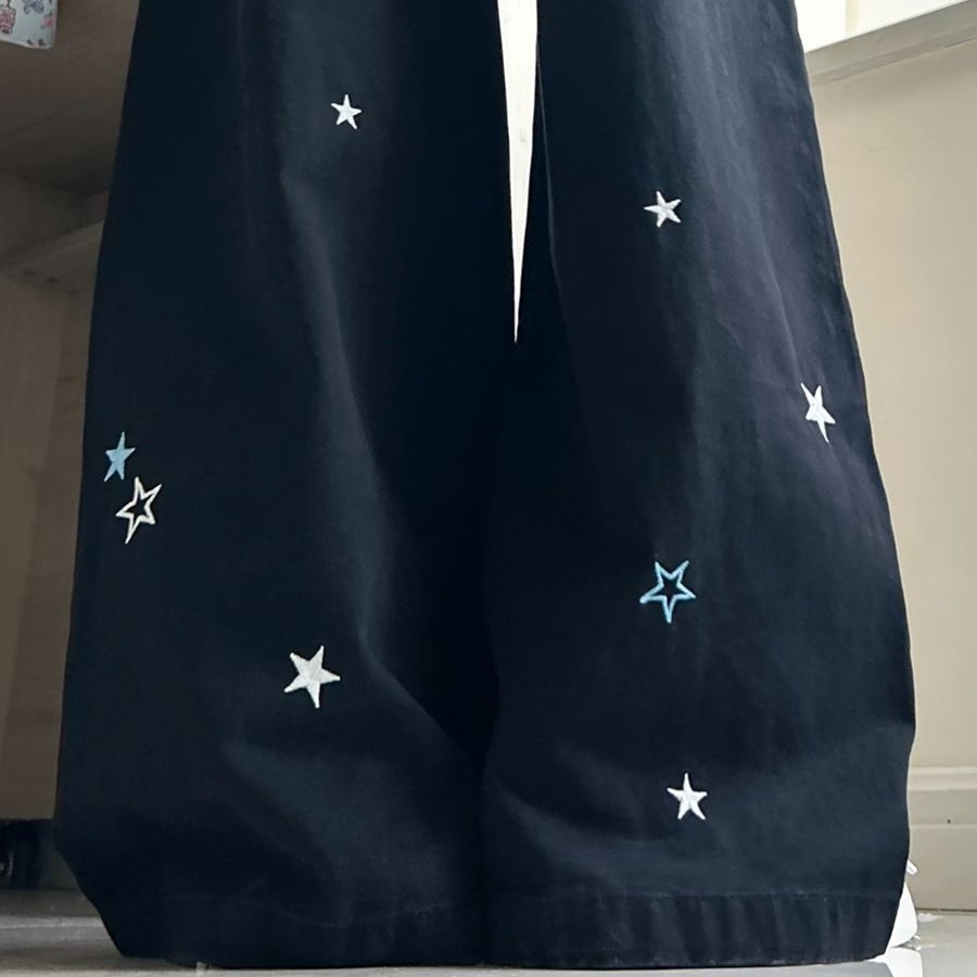 美式復古星星刺繡設計感闊腿牛仔褲女新款顯瘦百搭黑色直筒拖地褲