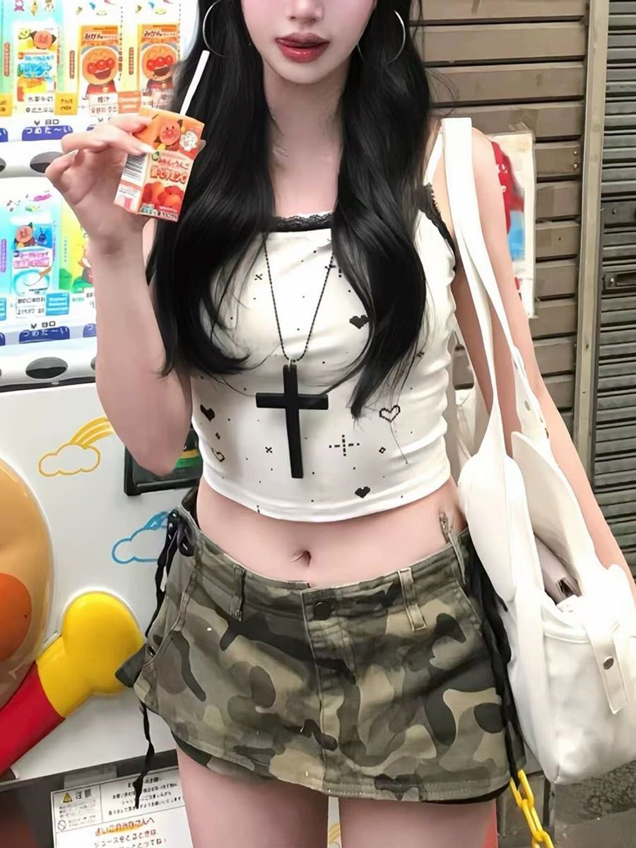 做舊復古低腰迷彩半身短裙女夏y2k千禧辣妹性感包臀超短a字裙褲潮