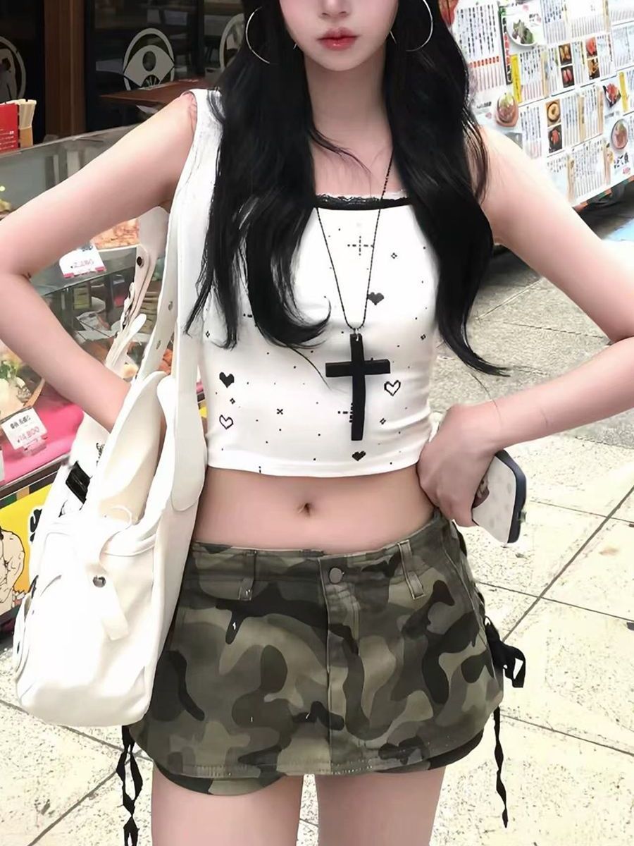 做舊復古低腰迷彩半身短裙女夏y2k千禧辣妹性感包臀超短a字裙褲潮
