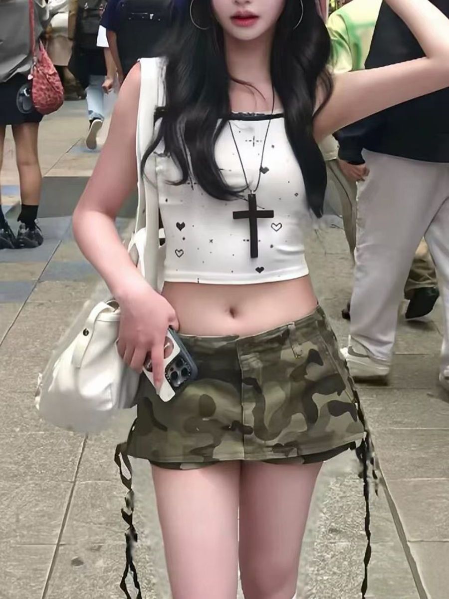 做舊復古低腰迷彩半身短裙女夏y2k千禧辣妹性感包臀超短a字裙褲潮