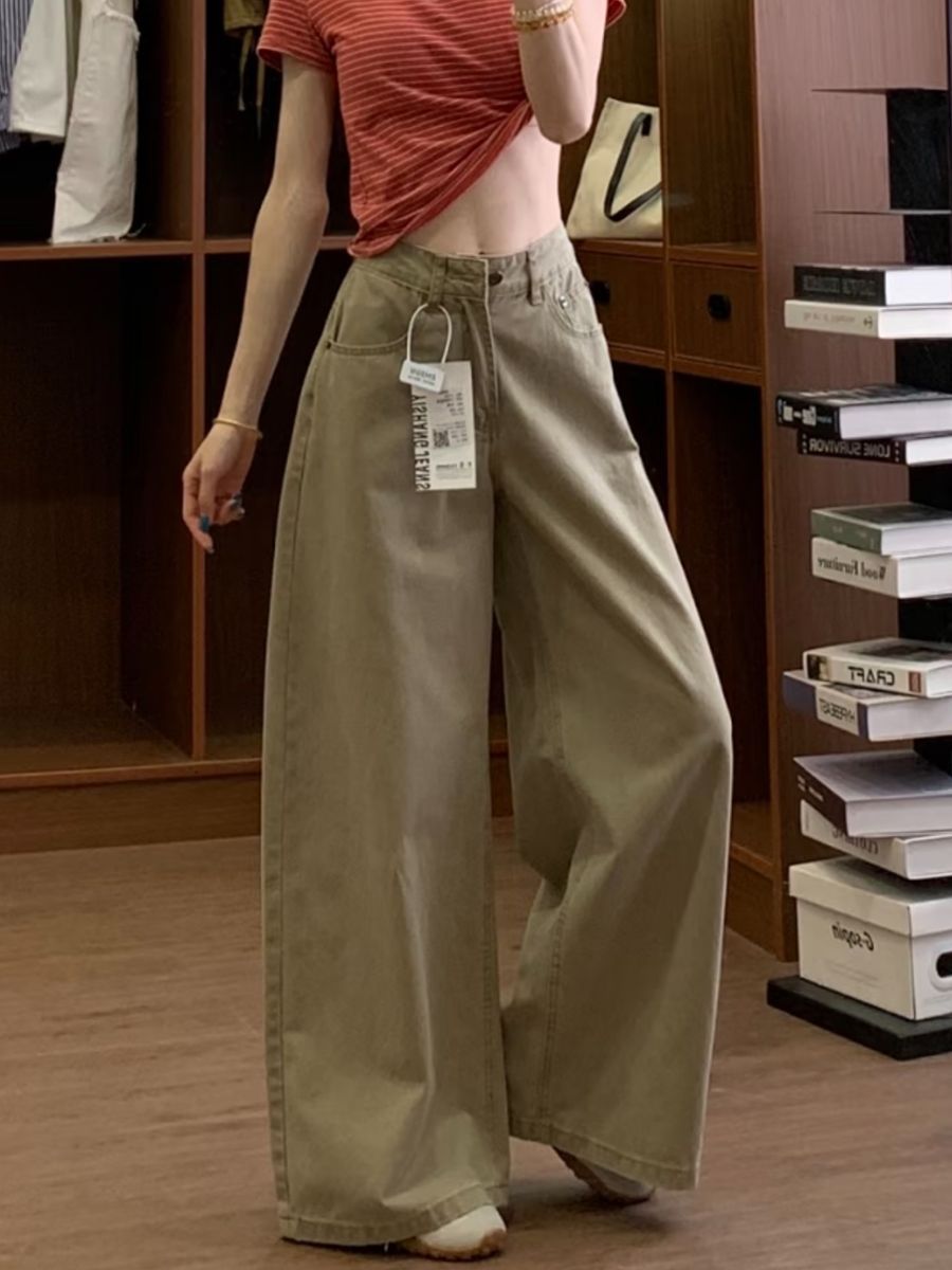 美式復古卡其色闊腿牛仔褲女高腰慵懶感寬松休閑顯瘦百搭拖地長褲