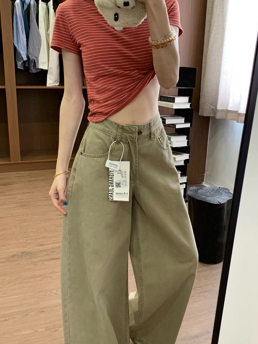 美式復古卡其色闊腿牛仔褲女高腰慵懶感寬松休閑顯瘦百搭拖地長褲
