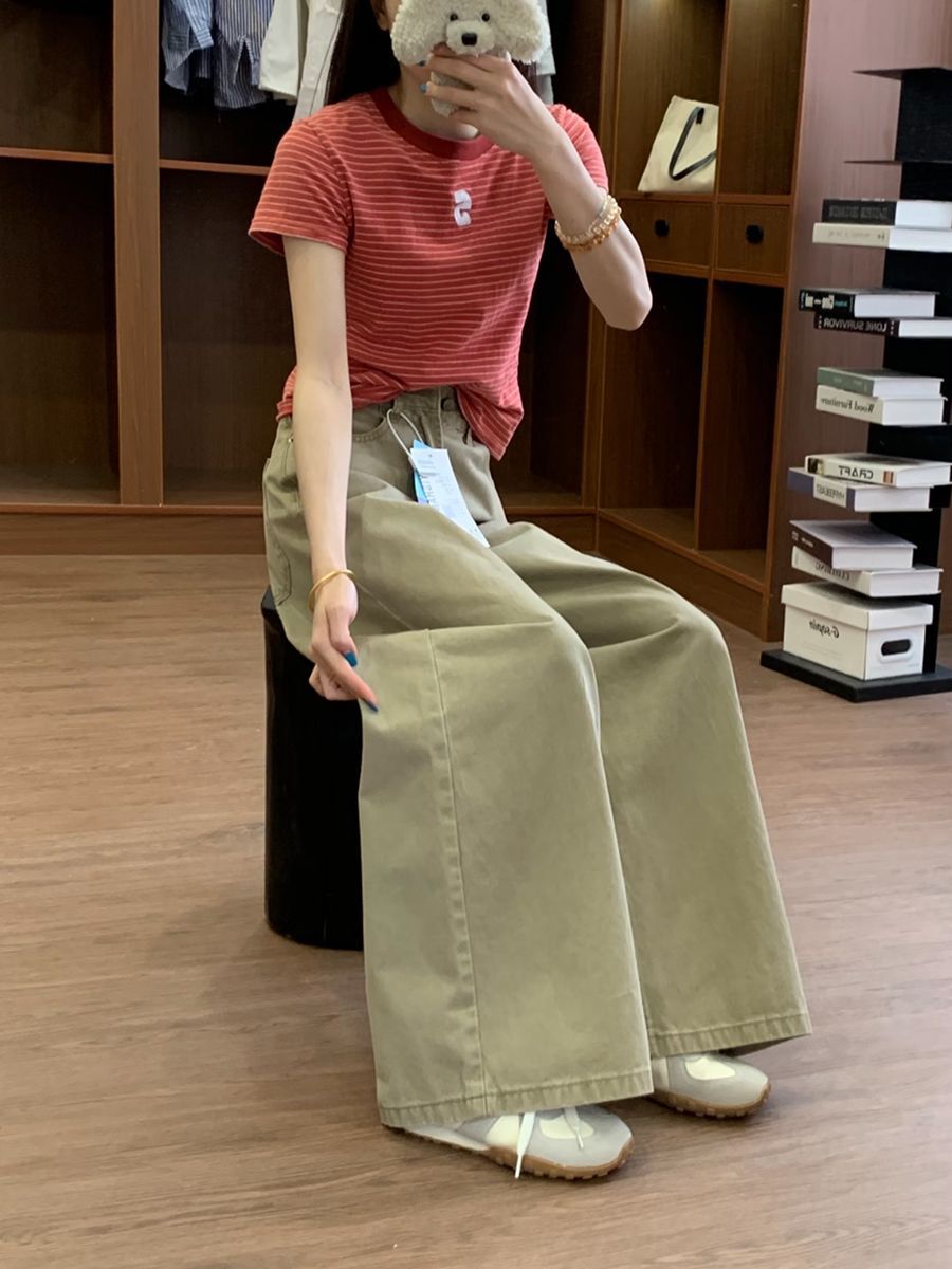 美式復古卡其色闊腿牛仔褲女高腰慵懶感寬松休閑顯瘦百搭拖地長褲