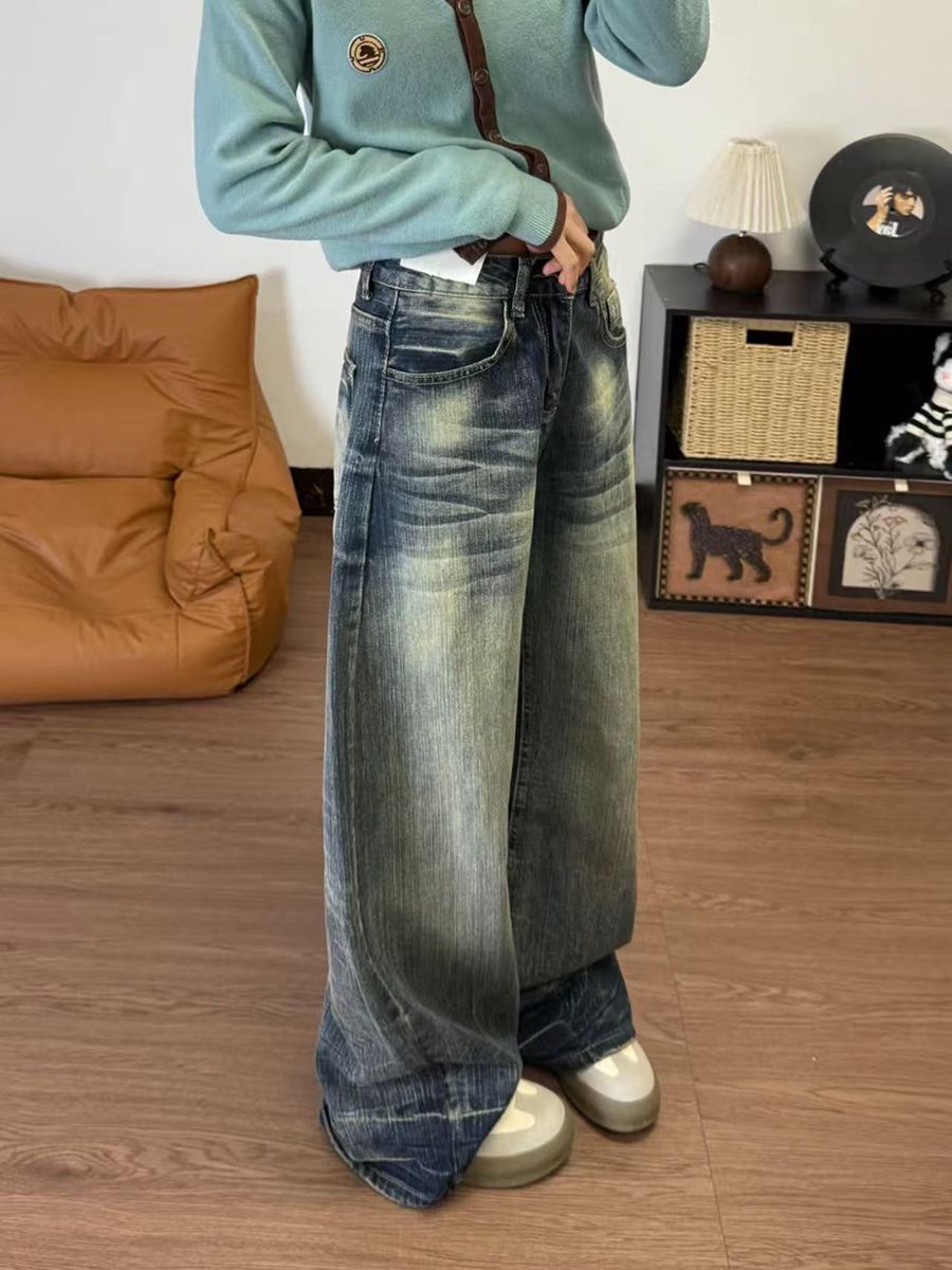 美式復古辣妹水洗做舊闊腿牛仔褲女小眾磨白設計感寬松顯瘦拖地褲