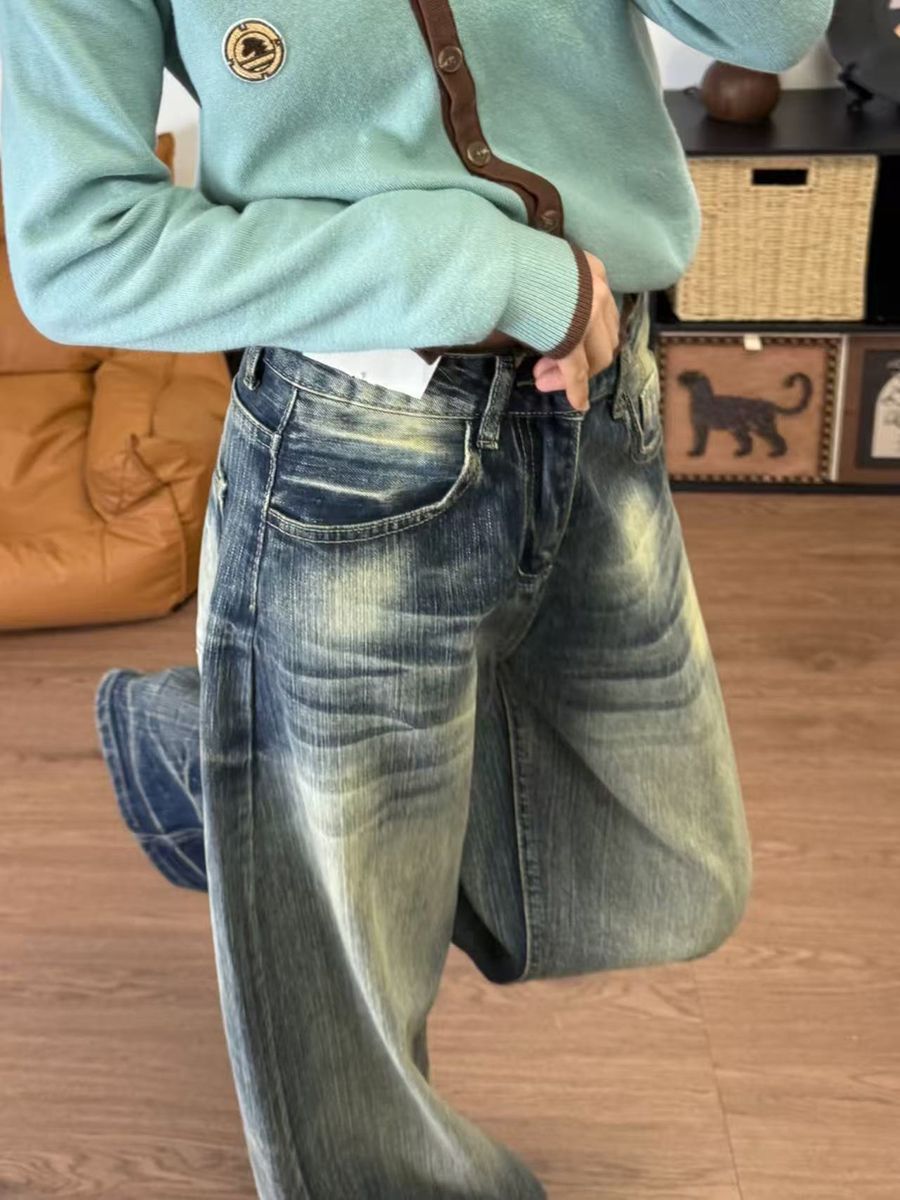 美式復古辣妹水洗做舊闊腿牛仔褲女小眾磨白設計感寬松顯瘦拖地褲