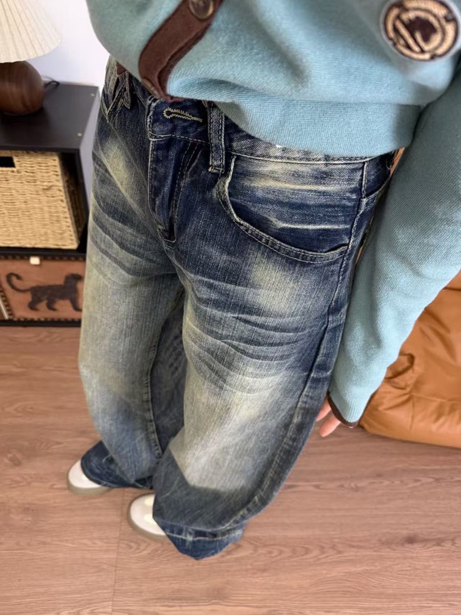 美式復古辣妹水洗做舊闊腿牛仔褲女小眾磨白設計感寬松顯瘦拖地褲