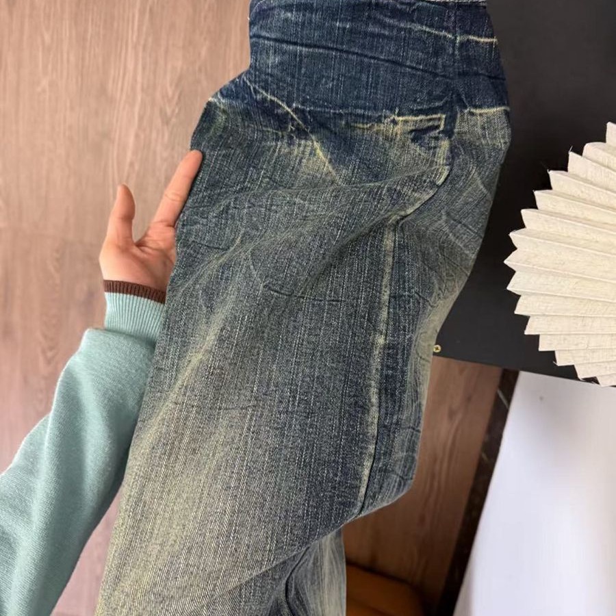 美式復古辣妹水洗做舊闊腿牛仔褲女小眾磨白設計感寬松顯瘦拖地褲