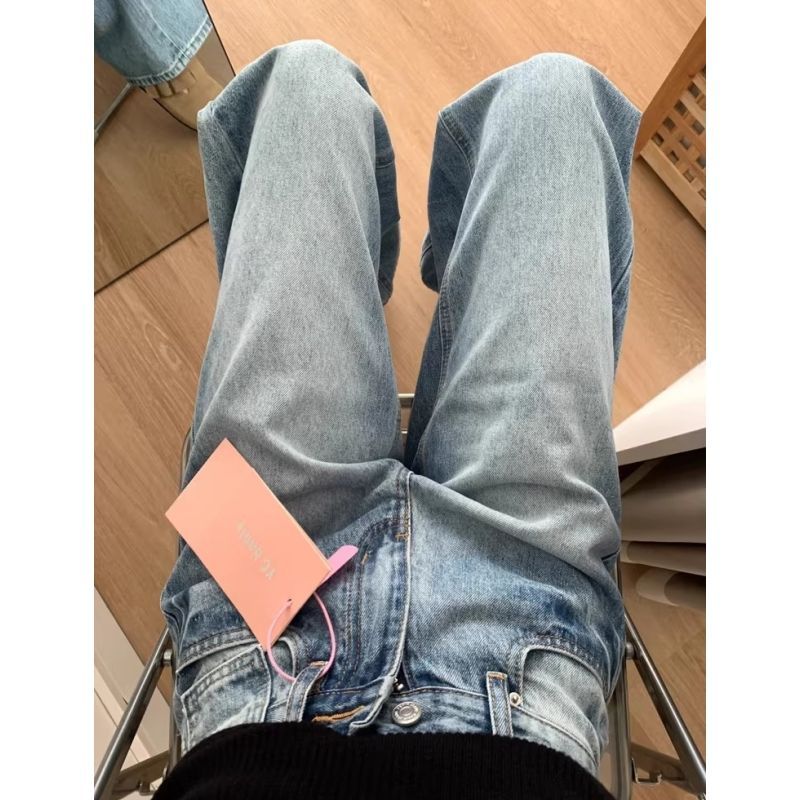 美式復古牛仔褲女夏季薄款梨形身材遮胯涼感高腰直筒褲顯瘦闊腿褲