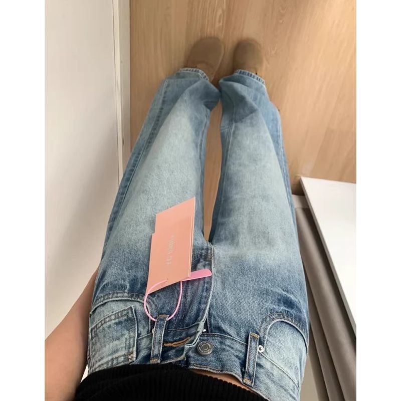 美式復古牛仔褲女夏季薄款梨形身材遮胯涼感高腰直筒褲顯瘦闊腿褲