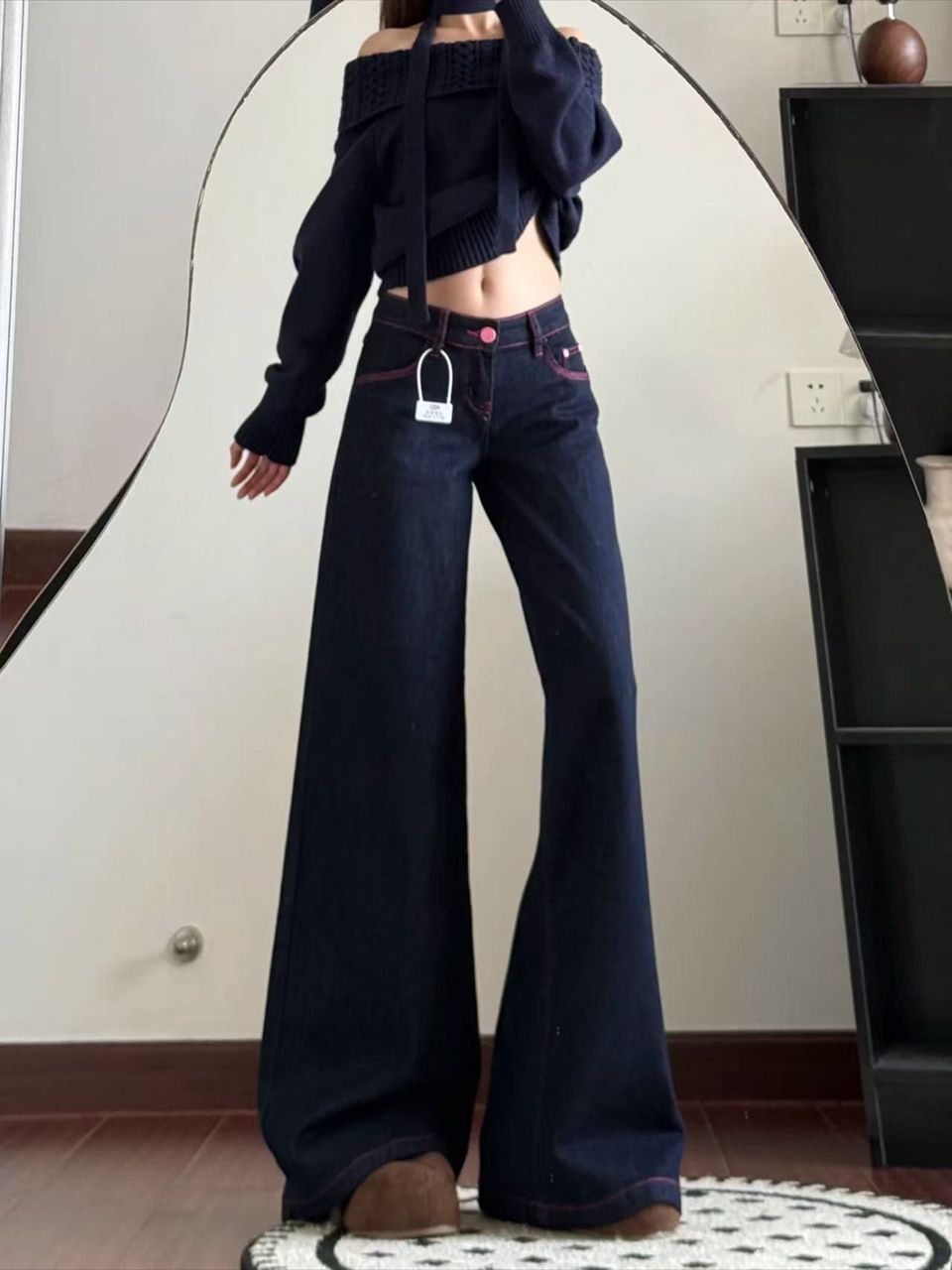 美式復古低腰深藍色闊腿牛仔褲女2026新款寬松顯瘦百搭直筒拖地褲