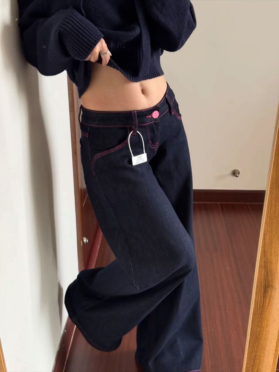 美式復古低腰深藍色闊腿牛仔褲女2026新款寬松顯瘦百搭直筒拖地褲
