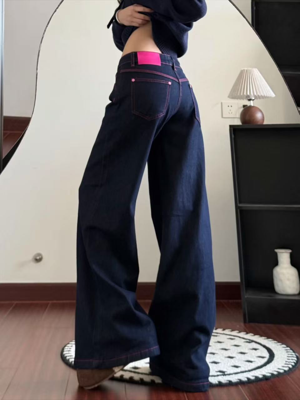 美式復古低腰深藍色闊腿牛仔褲女2026新款寬松顯瘦百搭直筒拖地褲