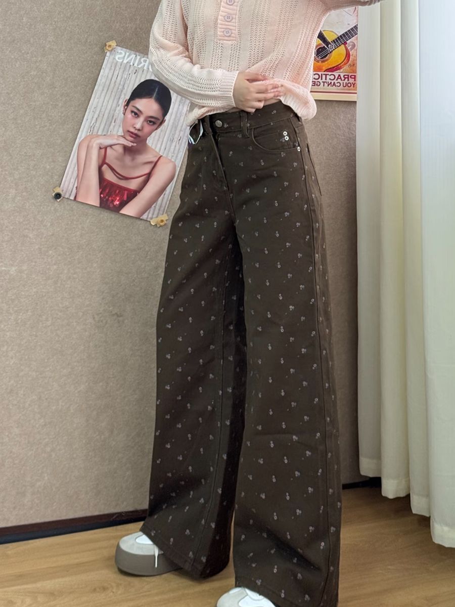 2026春季新款高街復古可可棕碎花牛仔褲女慵懶風顯瘦闊腿拖地褲子