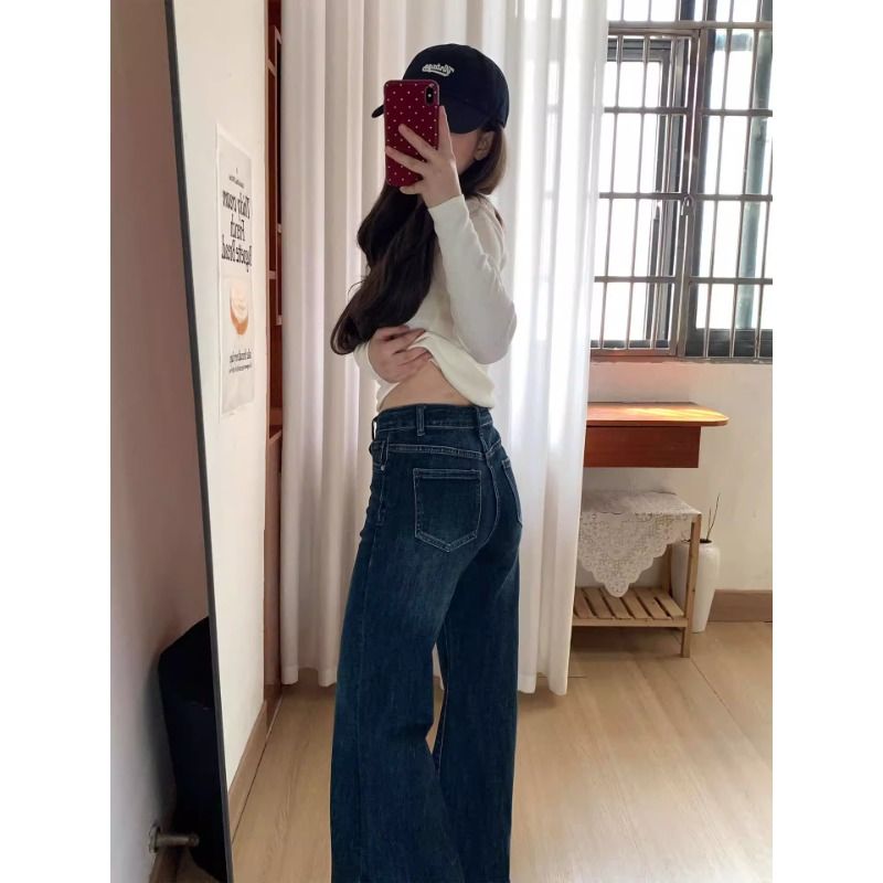 小個子高腰做舊褶皺牛仔微喇褲女春季辣妹水洗磨白氣質喇叭長褲子