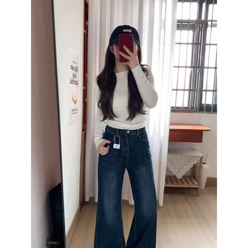 小個子高腰做舊褶皺牛仔微喇褲女春季辣妹水洗磨白氣質喇叭長褲子
