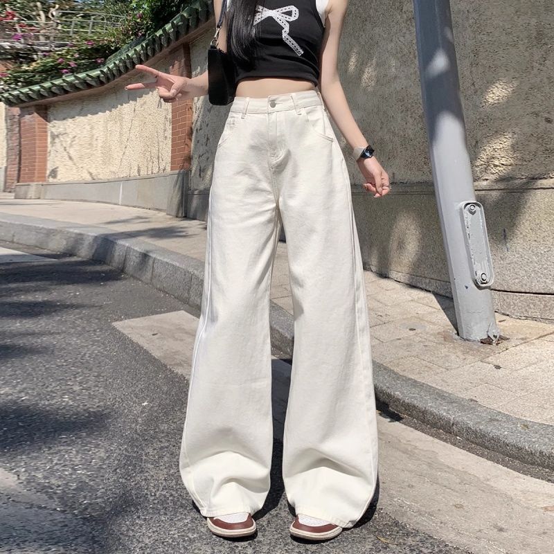 韓系高腰通勤款寬松不貼腿闊腿牛仔褲女2026白色百搭垂感加長褲潮