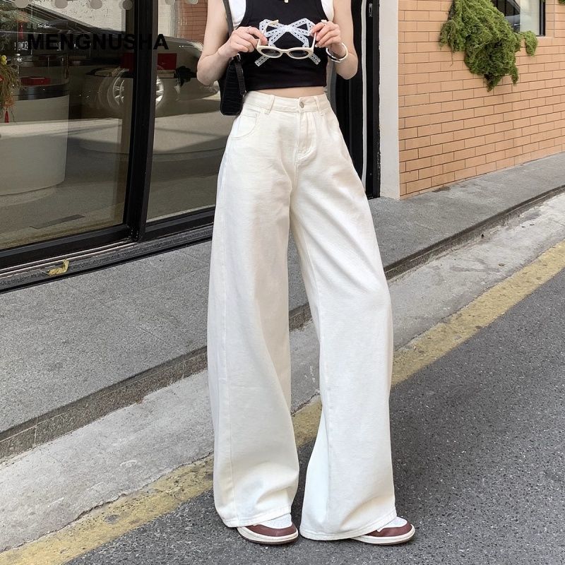韓系高腰通勤款寬松不貼腿闊腿牛仔褲女2026白色百搭垂感加長褲潮