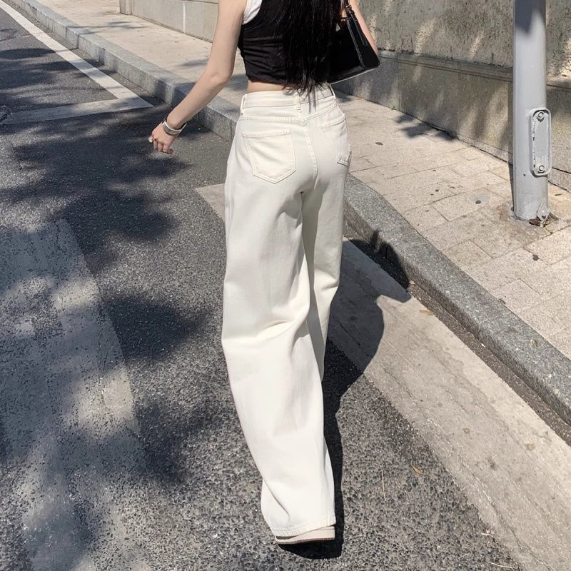 韓系高腰通勤款寬松不貼腿闊腿牛仔褲女2026白色百搭垂感加長褲潮