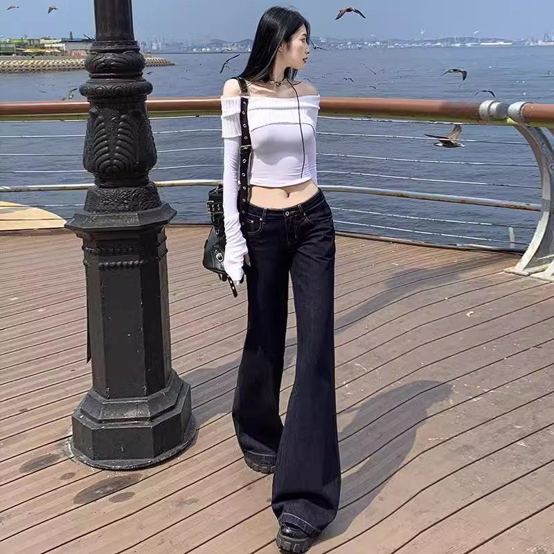 美式深藍色復古中高腰牛仔褲2026不貼腿喇叭新款顯瘦辣妹拖地長褲