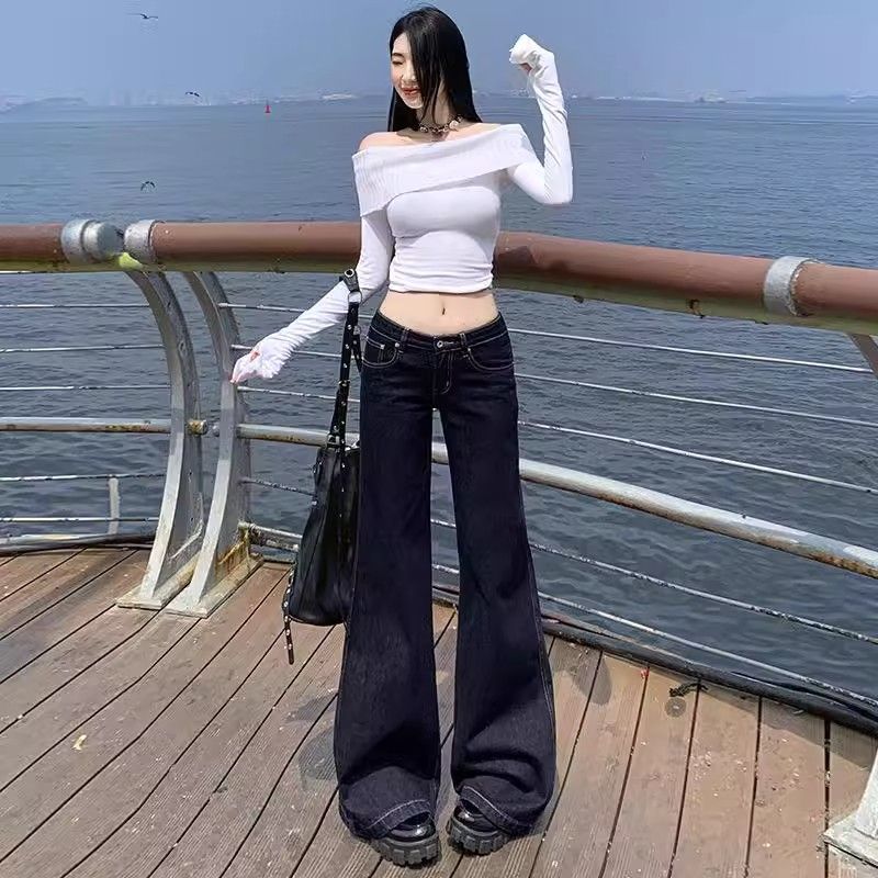 美式深藍色復古中高腰牛仔褲2026不貼腿喇叭新款顯瘦辣妹拖地長褲