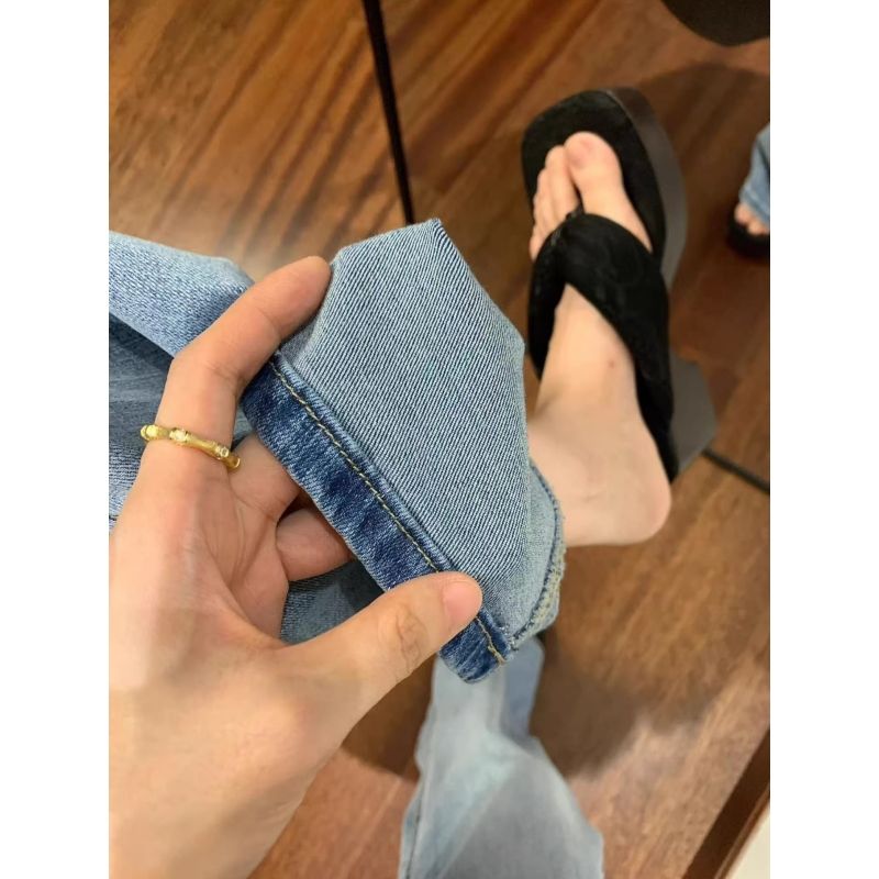 美式復古低腰微喇牛仔褲女春夏新款高個子彈力顯瘦淺藍色喇叭長褲
