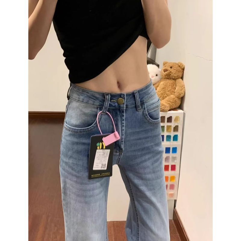 美式復古低腰微喇牛仔褲女春夏新款高個子彈力顯瘦淺藍色喇叭長褲