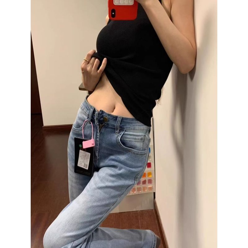 美式復古低腰微喇牛仔褲女春夏新款高個子彈力顯瘦淺藍色喇叭長褲