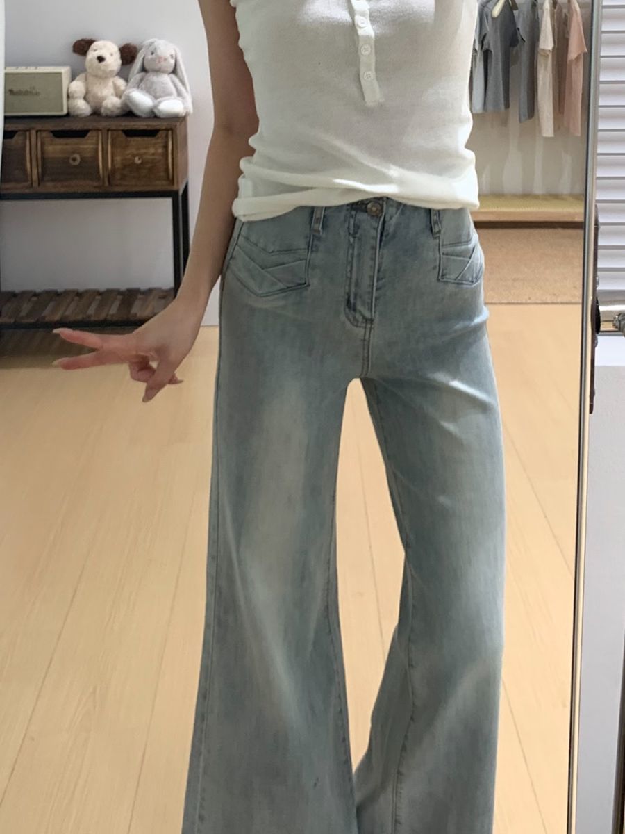 淺藍色不貼腿微喇牛仔褲女夏季2026新款高腰顯瘦彈力馬蹄喇叭褲子