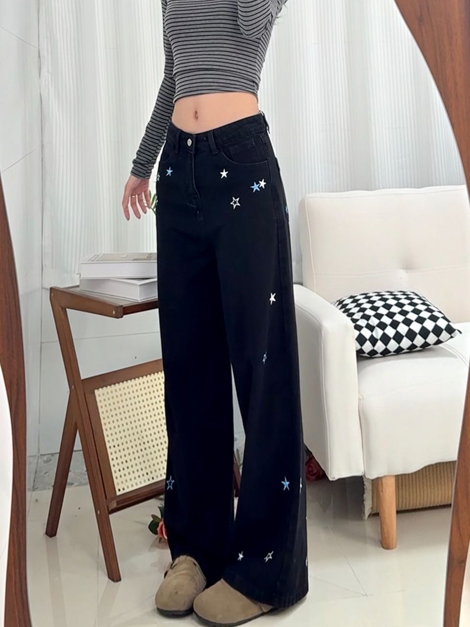 復古淺藍色闊腿牛仔褲女2026新款春季美式破洞不貼腿寬松拖地長褲