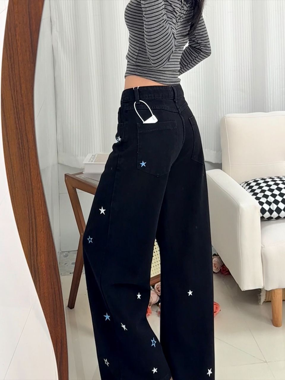 復古淺藍色闊腿牛仔褲女2026新款春季美式破洞不貼腿寬松拖地長褲